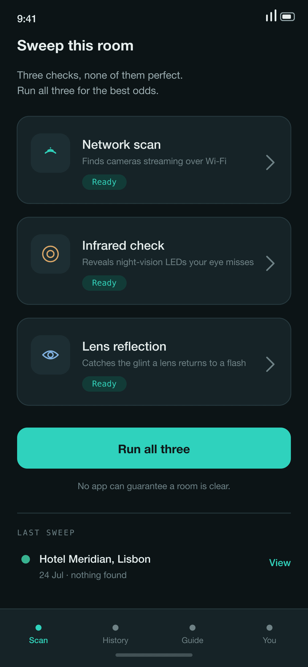 Home screen offering three checks — network scan, infrared and lens reflection — each described plainly.